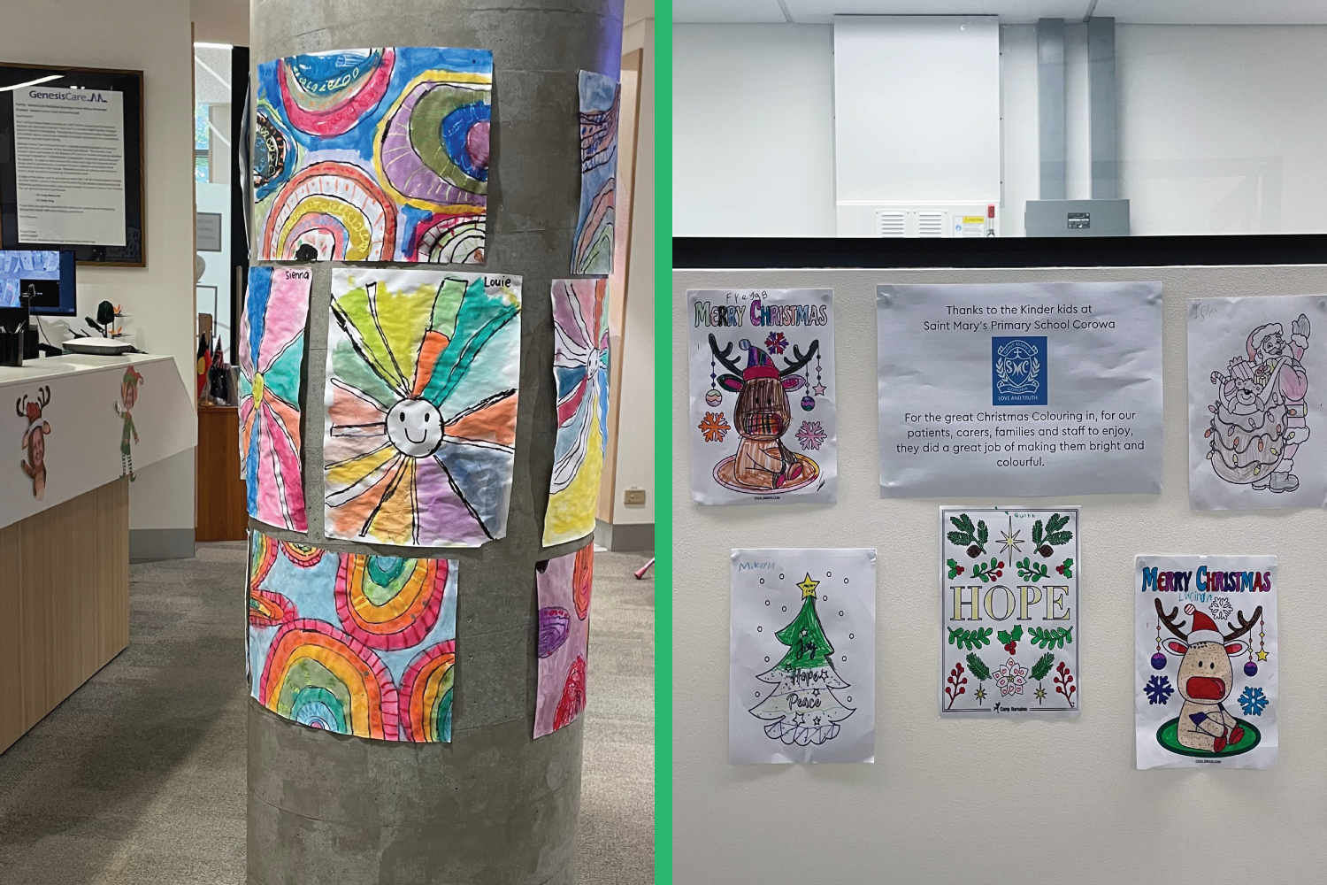 GenesisCare displays artwork by schoolkids from Lavington Public School in Albury (Left) and St Mary's Primary School, Corowa (Right).